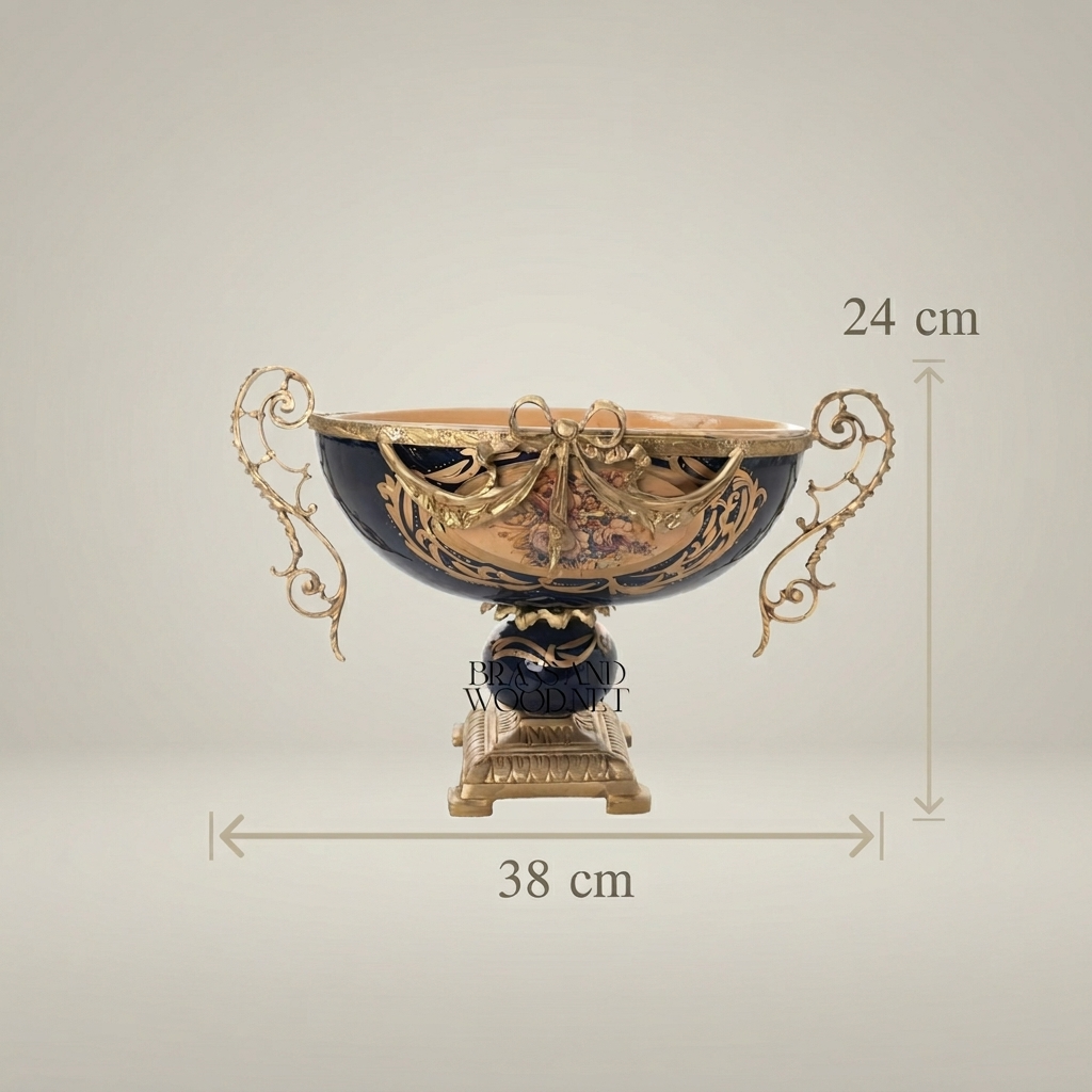 Baroque Brass & Ceramic Decorative Compote - Floral Swag Pedestal Bowl — Antique Gold