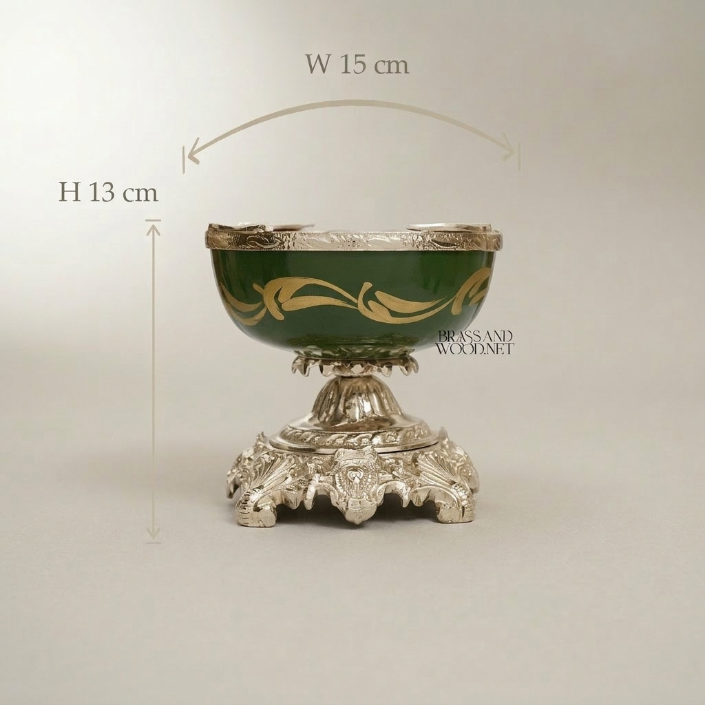 Baroque Brass & Ceramic Pedestal Ashtray with Foliate Scrollwork Base