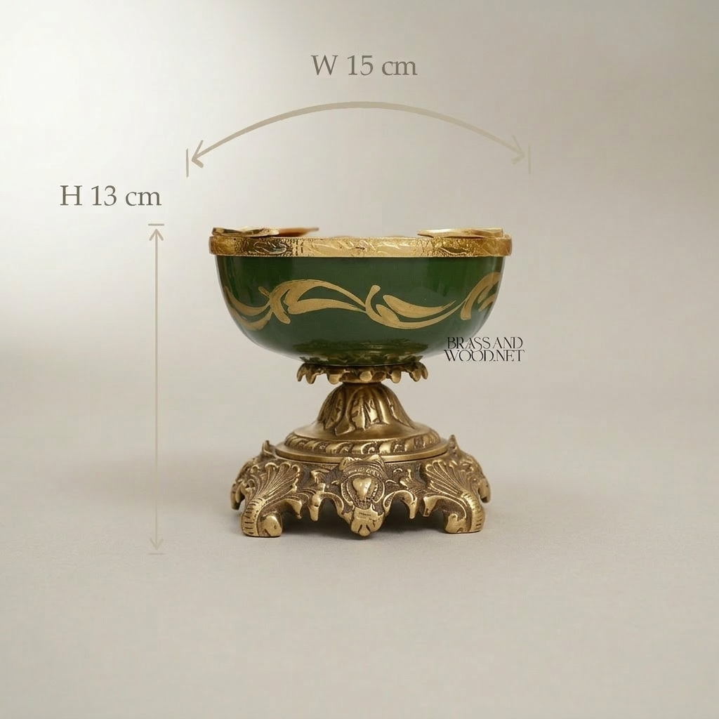 Baroque Brass & Ceramic Pedestal Ashtray with Foliate Scrollwork Base — Antique Gold