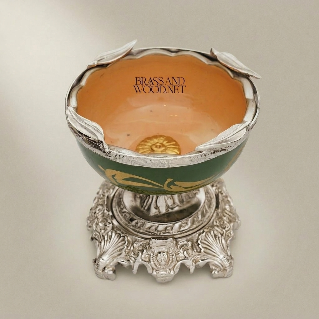 Baroque Brass & Ceramic Pedestal Ashtray with Foliate Scrollwork Base — Silver