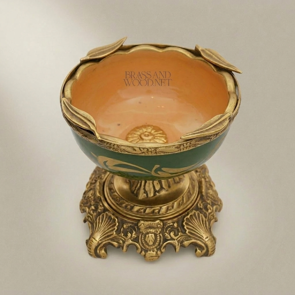 Baroque Brass & Ceramic Pedestal Ashtray with Foliate Scrollwork Base — Antique Gold