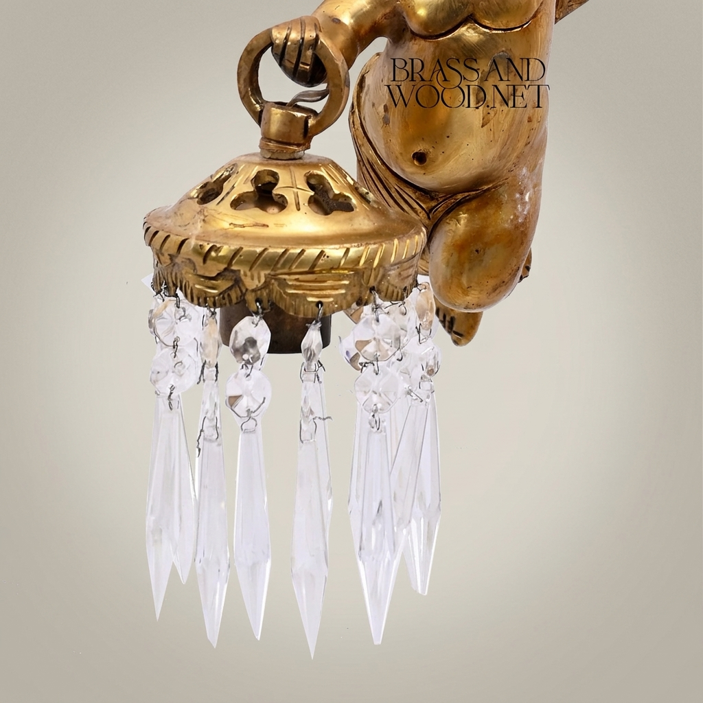 Baroque Brass Cherub Wall Sconce with Crystal Pendants — Antique Gold