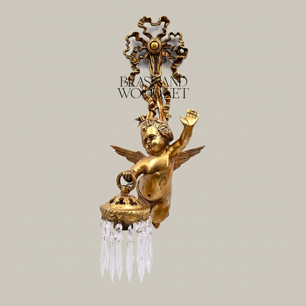 Baroque Brass Cherub Wall Sconce with Crystal Pendants — Antique Gold