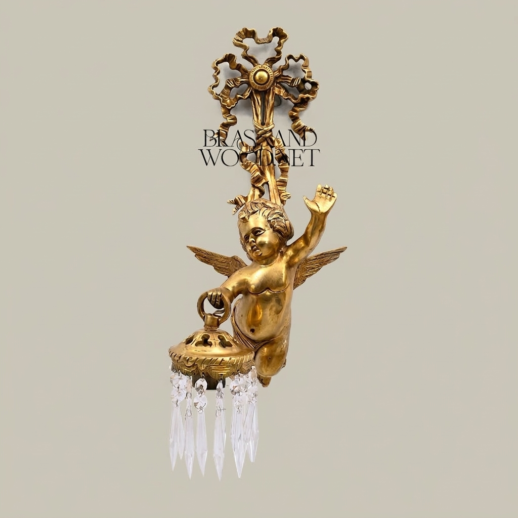 Baroque Brass Cherub Wall Sconce with Crystal Pendants — Gold