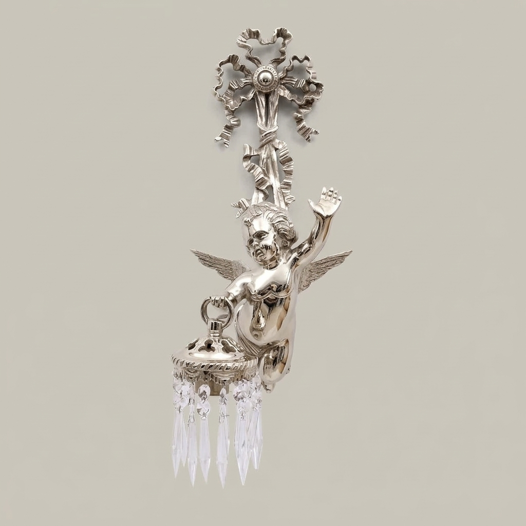 Baroque Brass Cherub Wall Sconce with Crystal Pendants — Silver