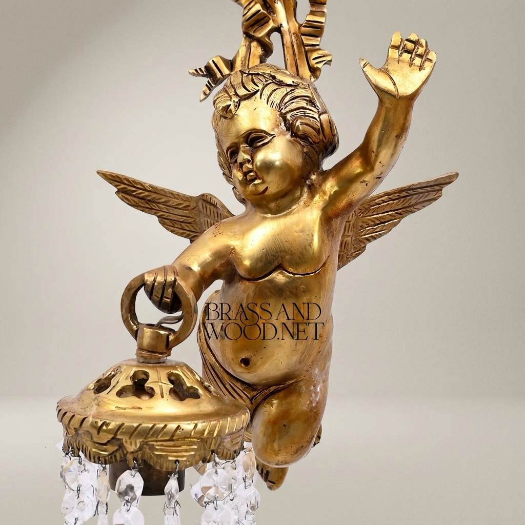 Baroque Brass Cherub Wall Sconce with Crystal Pendants — Antique Gold