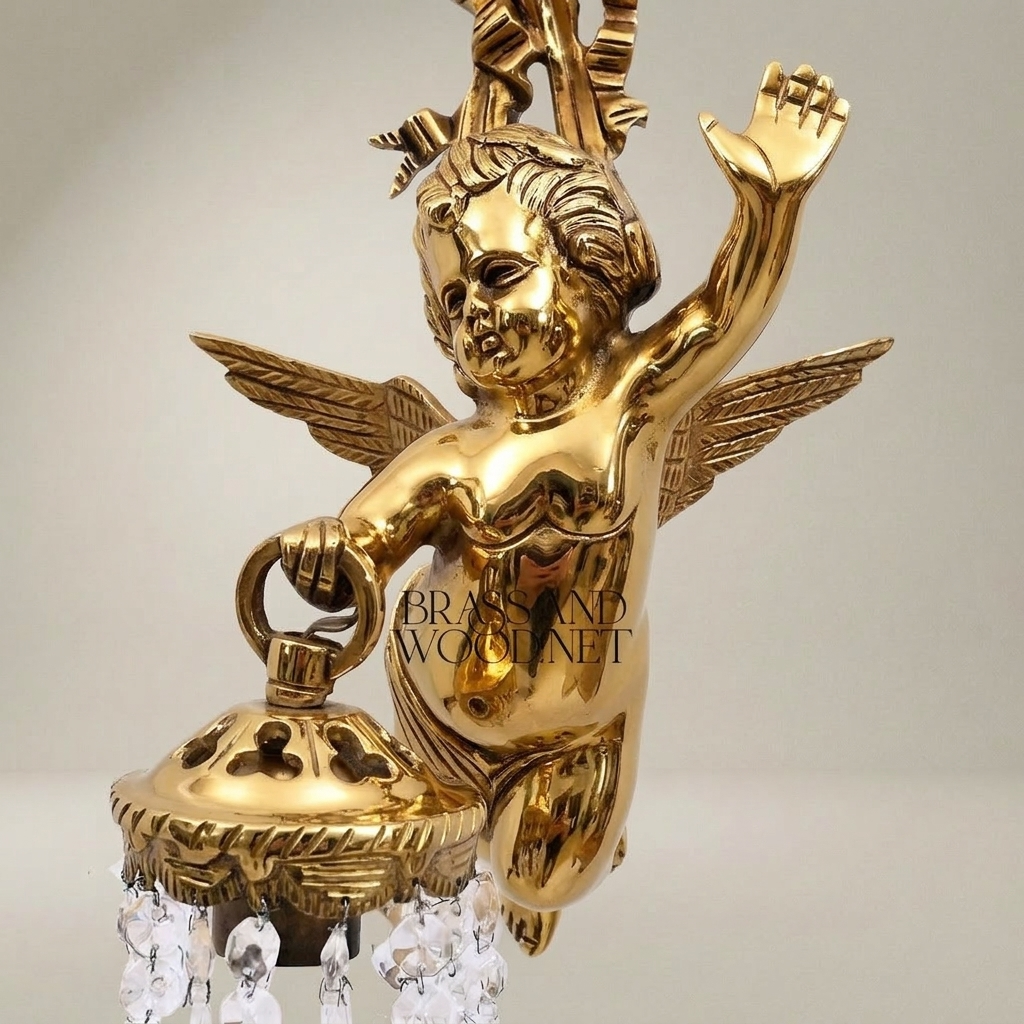 Baroque Brass Cherub Wall Sconce with Crystal Pendants — Gold