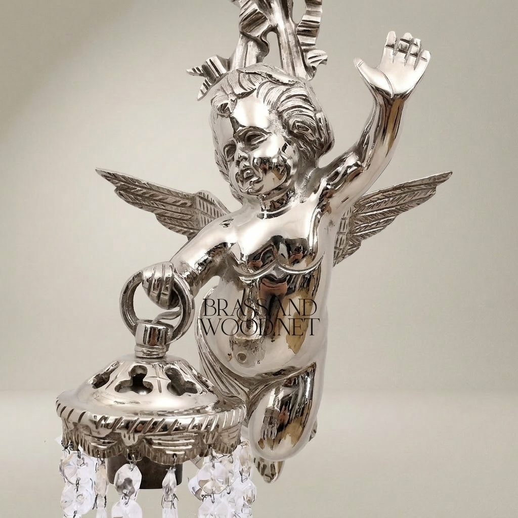 Baroque Brass Cherub Wall Sconce with Crystal Pendants — Silver