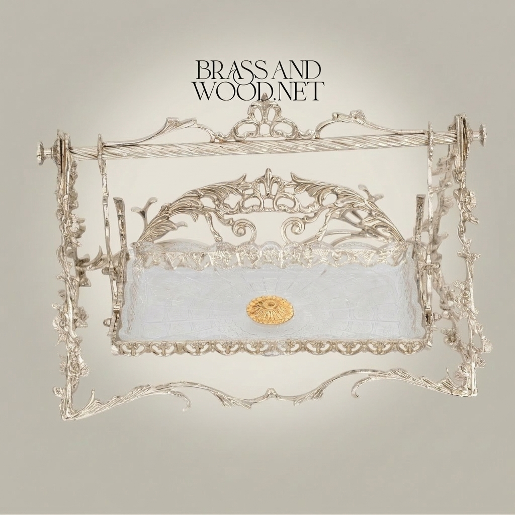 Baroque Brass Chocolate & Bonbon Tray with Swing Handle Arch — Silver