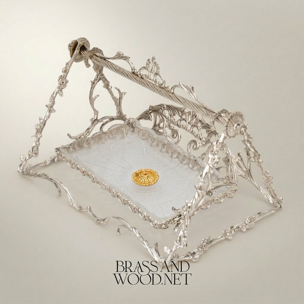 Baroque Brass Chocolate & Bonbon Tray with Swing Handle Arch — Silver