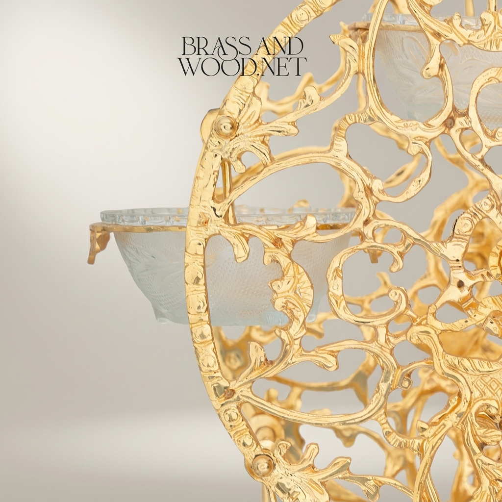 Baroque Brass Circular Filigree Serving Stand with Glass Bowls - Ornate Scrollwork Disc