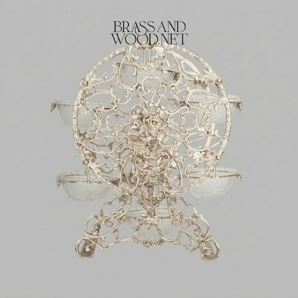 Baroque Brass Circular Filigree Serving Stand with Glass Bowls - Ornate Scrollwork Disc — Silver