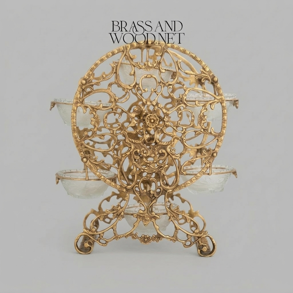 Baroque Brass Circular Filigree Serving Stand with Glass Bowls - Ornate Scrollwork Disc — Antique Gold