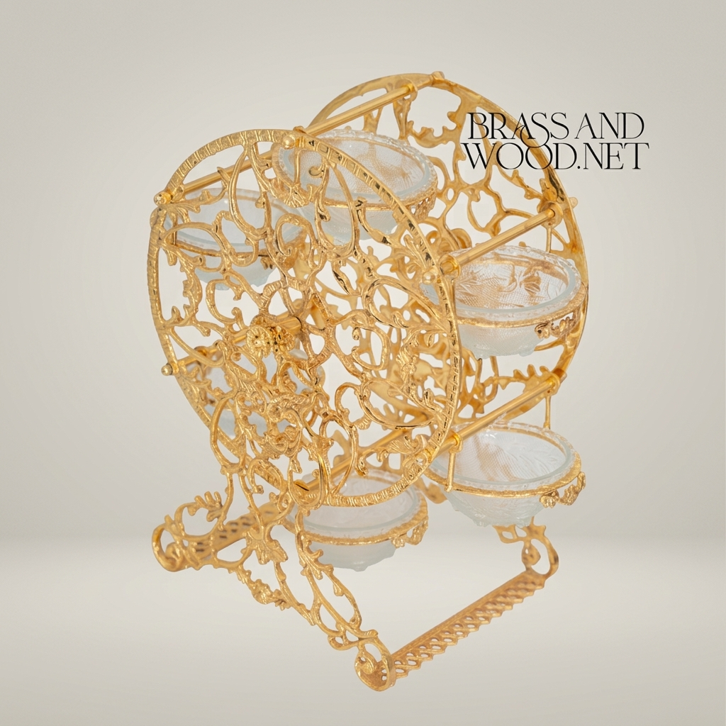 Baroque Brass Circular Filigree Serving Stand with Glass Bowls - Ornate Scrollwork Disc — Gold