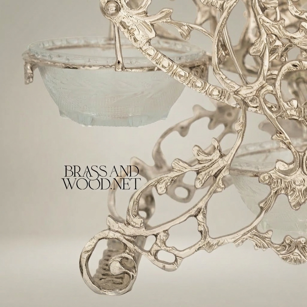 Baroque Brass Circular Filigree Serving Stand with Glass Bowls - Ornate Scrollwork Disc — Silver