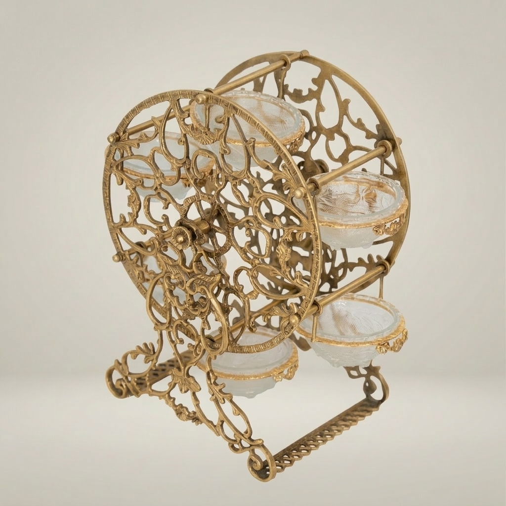 Baroque Brass Circular Filigree Serving Stand with Glass Bowls - Ornate Scrollwork Disc — Antique Gold