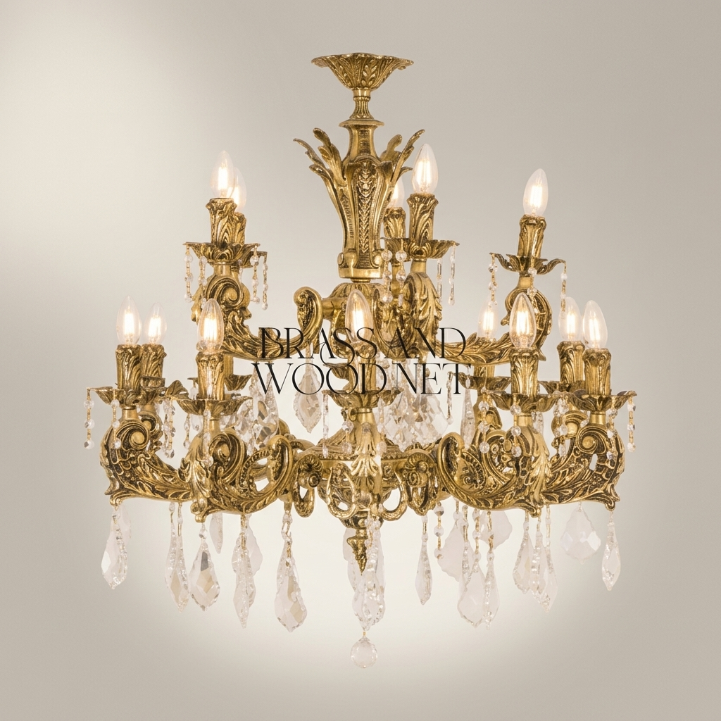 Baroque Brass & Crystal 12-Arm Chandelier with Acanthus Scroll Canopy — Antique Gold