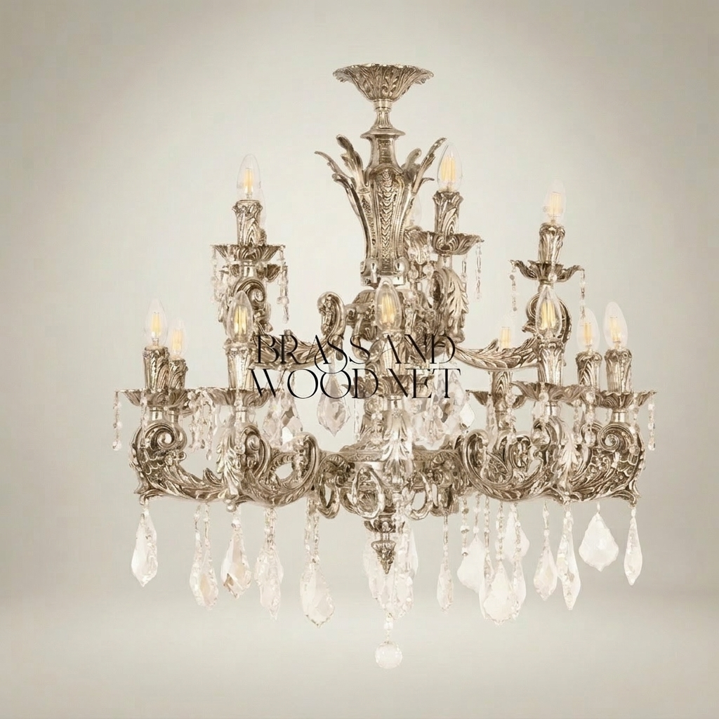 Baroque Brass & Crystal 12-Arm Chandelier with Acanthus Scroll Canopy — Silver