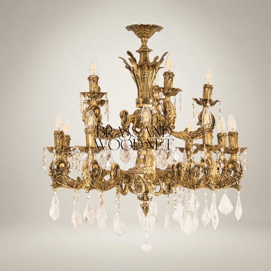 Baroque Brass & Crystal 12-Arm Chandelier with Acanthus Scroll Canopy — Antique Gold