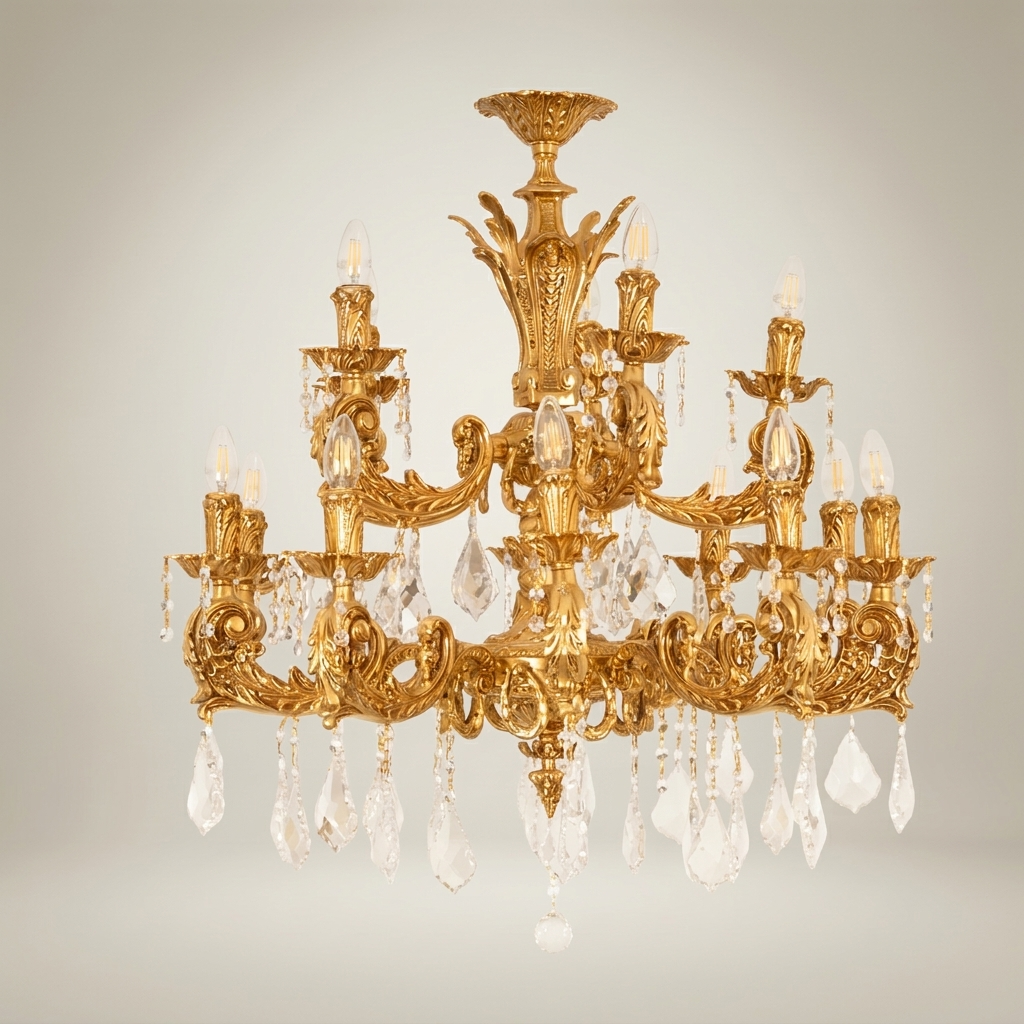 Baroque Brass & Crystal 12-Arm Chandelier with Acanthus Scroll Canopy — Gold