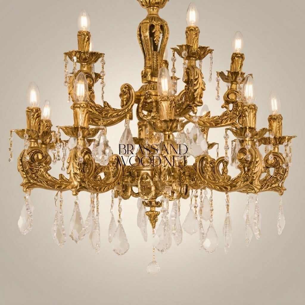 Baroque Brass & Crystal 12-Arm Chandelier with Acanthus Scroll Canopy — Gold