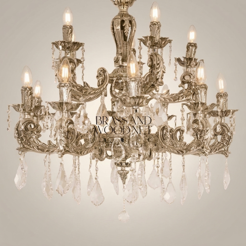 Baroque Brass & Crystal 12-Arm Chandelier with Acanthus Scroll Canopy — Silver