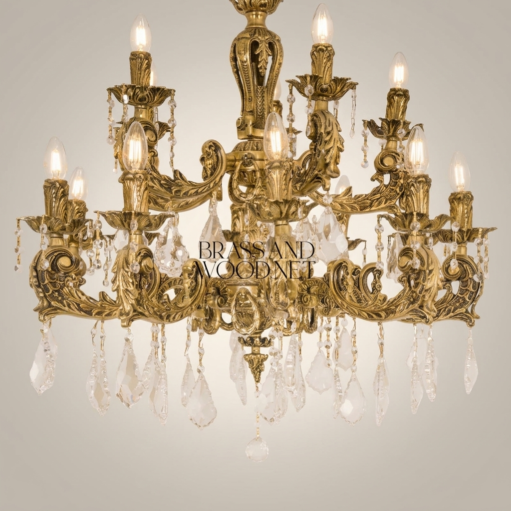 Baroque Brass & Crystal 12-Arm Chandelier with Acanthus Scroll Canopy — Antique Gold