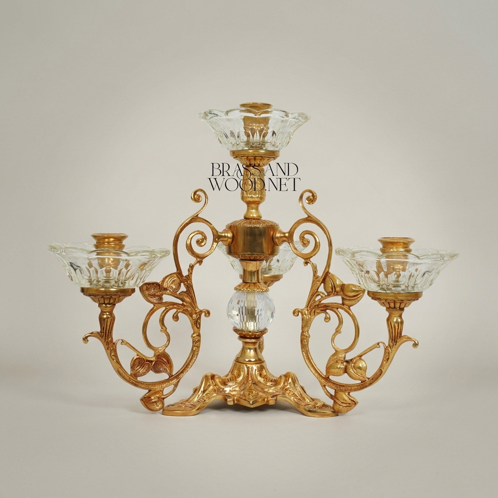 Baroque Brass & Crystal 4-Arm Candelabra with Scrollwork Base