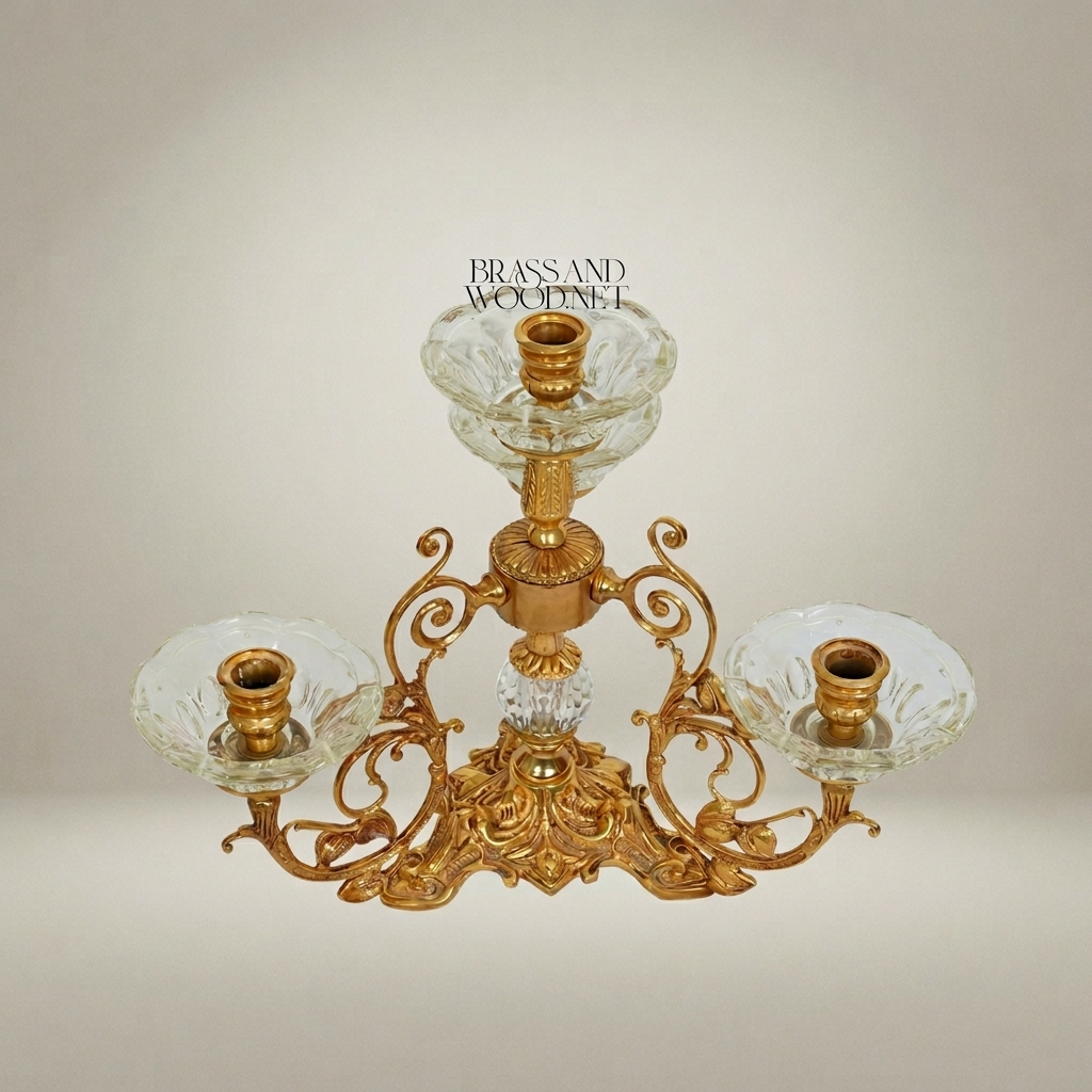 Baroque Brass & Crystal 4-Arm Candelabra with Scrollwork Base — Gold