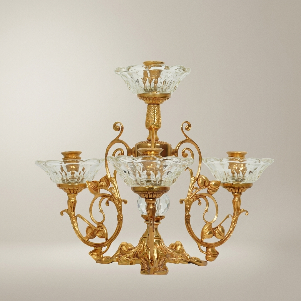 Baroque Brass & Crystal 4-Arm Candelabra with Scrollwork Base — Gold