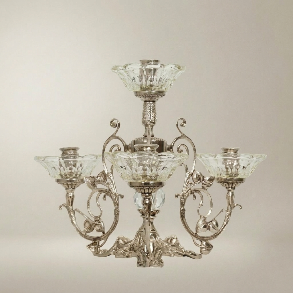 Baroque Brass & Crystal 4-Arm Candelabra with Scrollwork Base — Silver