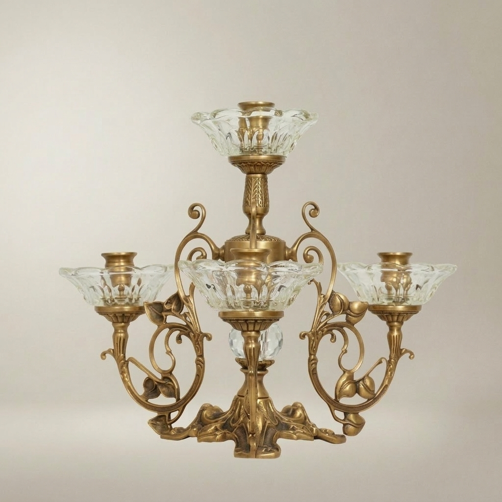 Baroque Brass & Crystal 4-Arm Candelabra with Scrollwork Base — Antique Gold