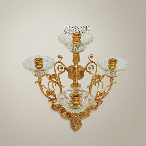 Baroque Brass & Crystal 4-Arm Candelabra with Scrollwork Base