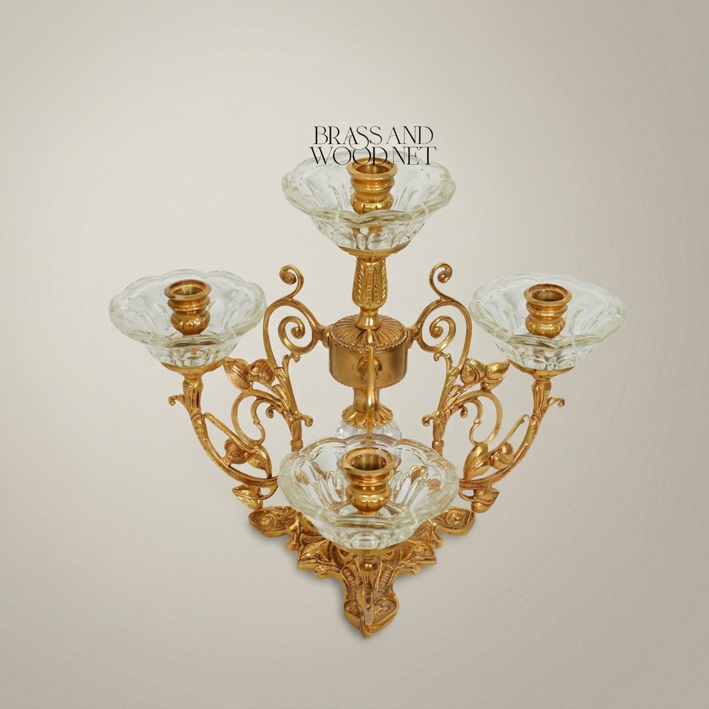 Baroque Brass & Crystal 4-Arm Candelabra with Scrollwork Base — Gold
