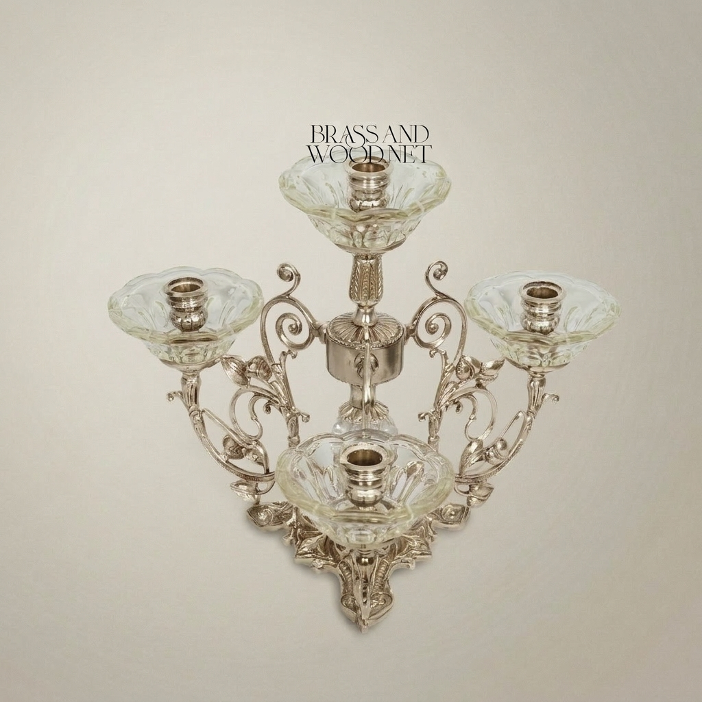 Baroque Brass & Crystal 4-Arm Candelabra with Scrollwork Base — Silver