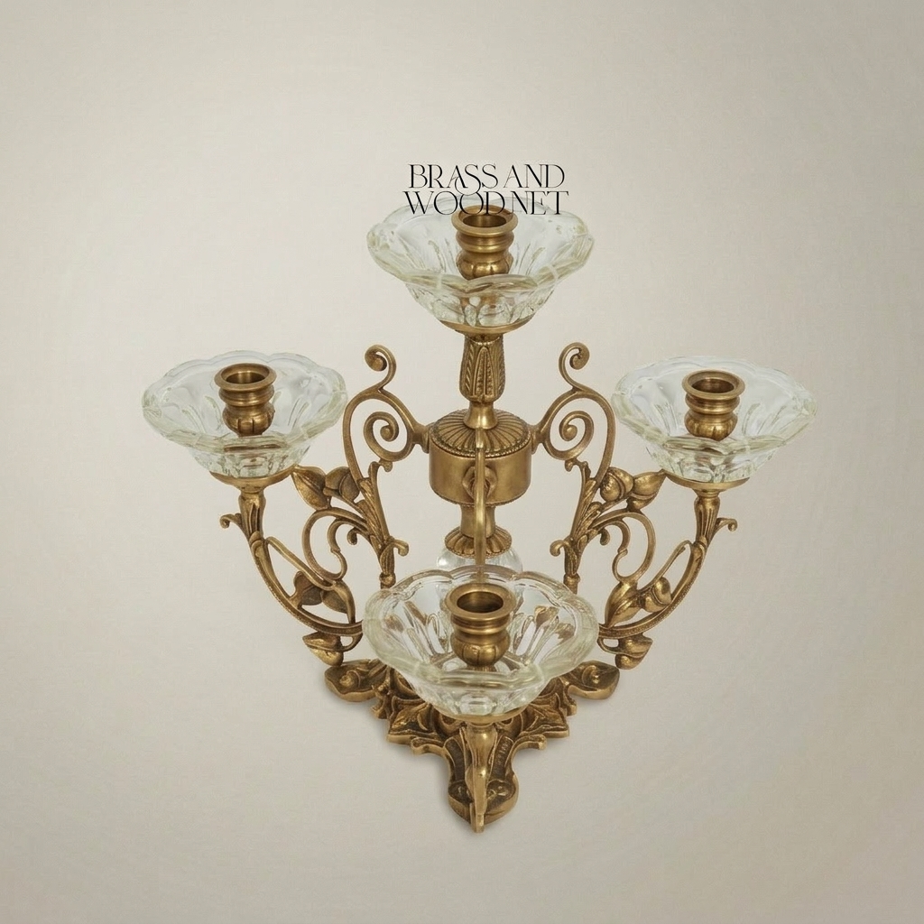 Baroque Brass & Crystal 4-Arm Candelabra with Scrollwork Base — Antique Gold