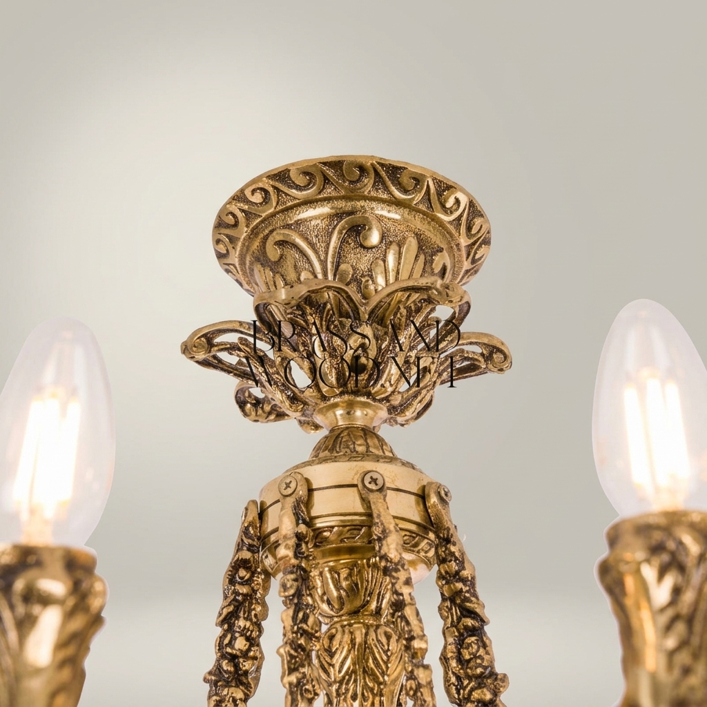 Baroque Brass & Crystal 6-Arm Chandelier with Acanthus Scroll Arms and Floral Crystal Drops — Antique Gold