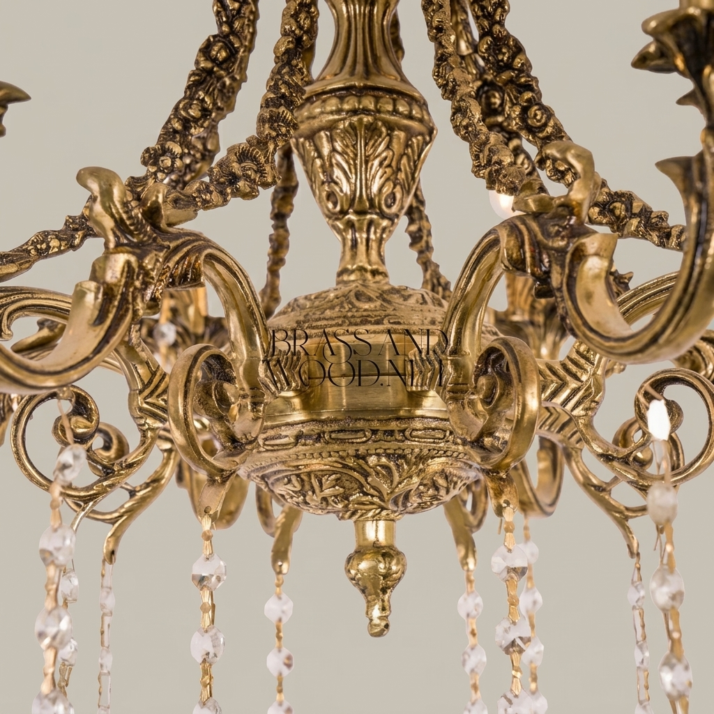 Baroque Brass & Crystal 6-Arm Chandelier with Acanthus Scroll Arms and Floral Crystal Drops — Antique Gold