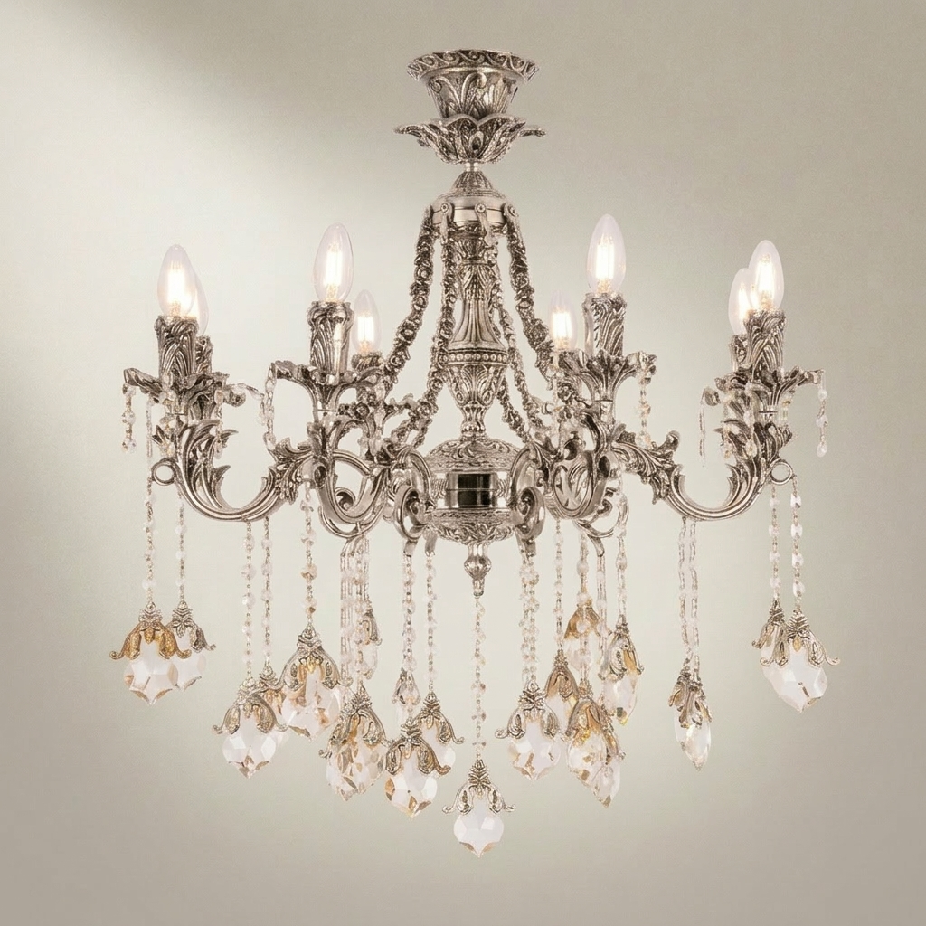 Baroque Brass & Crystal 6-Arm Chandelier with Acanthus Scroll Arms and Floral Crystal Drops — Silver