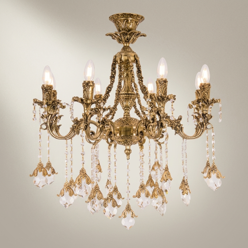 Baroque Brass & Crystal 6-Arm Chandelier with Acanthus Scroll Arms and Floral Crystal Drops — Antique Gold