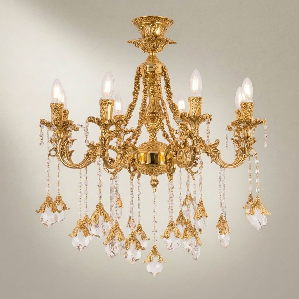 Baroque Brass & Crystal 6-Arm Chandelier with Acanthus Scroll Arms and Floral Crystal Drops