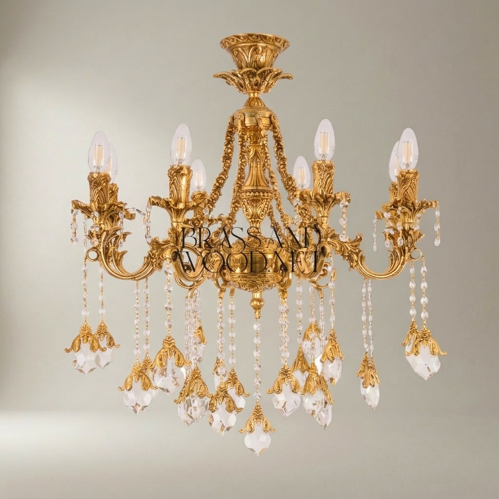 Baroque Brass & Crystal 6-Arm Chandelier with Acanthus Scroll Arms and Floral Crystal Drops — Gold