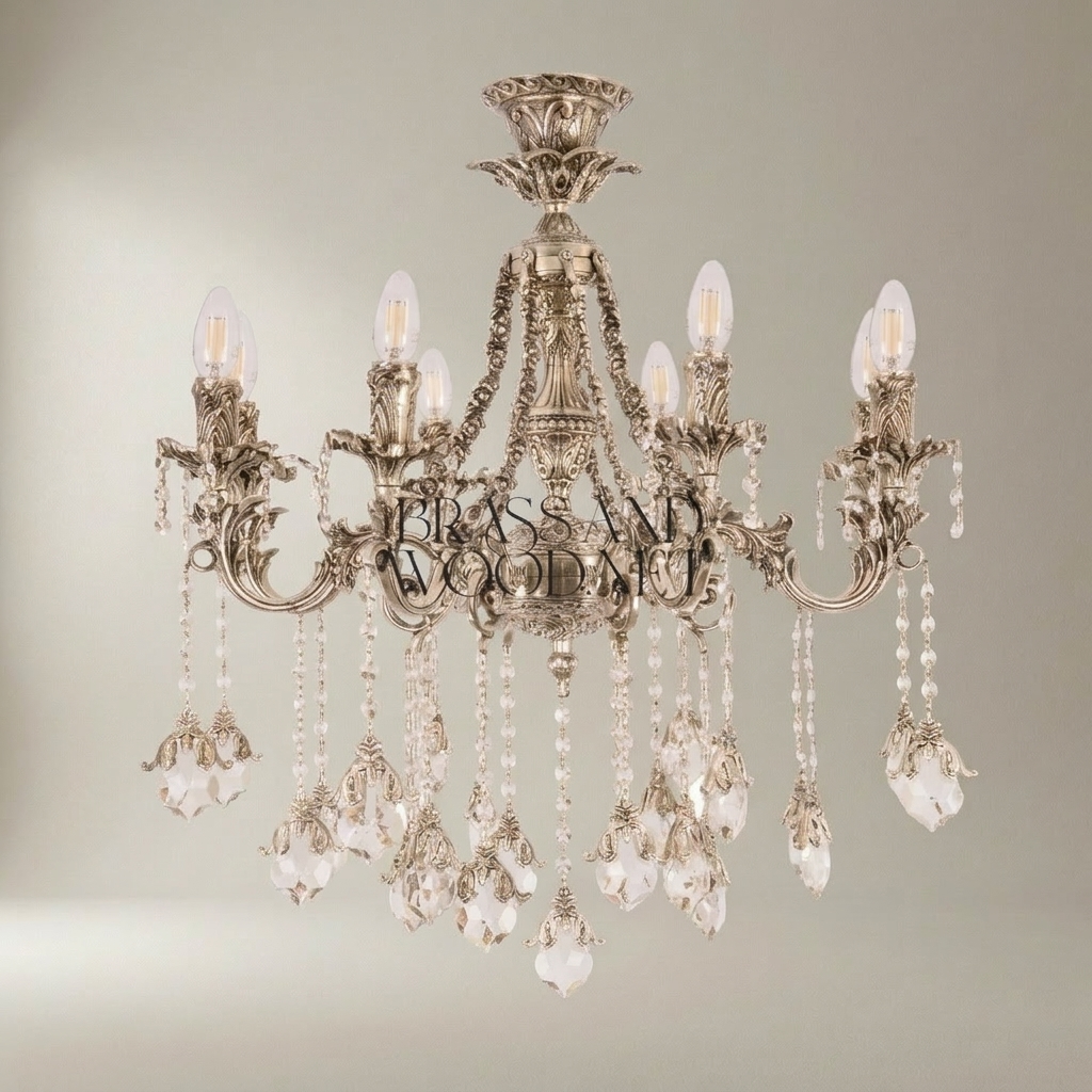 Baroque Brass & Crystal 6-Arm Chandelier with Acanthus Scroll Arms and Floral Crystal Drops — Silver