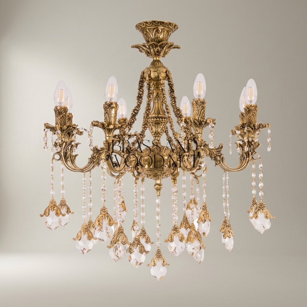 Baroque Brass & Crystal 6-Arm Chandelier with Acanthus Scroll Arms and Floral Crystal Drops — Antique Gold