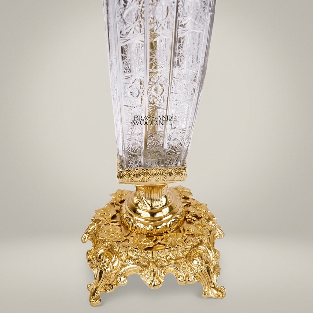Baroque Brass & Crystal 7-Arm Candelabra with Engraved Crystal Column and Rococo Scroll Arms