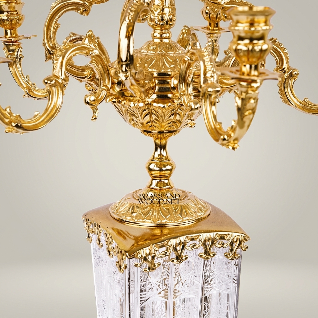 Baroque Brass & Crystal 7-Arm Candelabra with Engraved Crystal Column and Rococo Scroll Arms