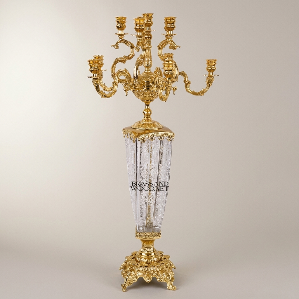 Baroque Brass & Crystal 7-Arm Candelabra with Engraved Crystal Column and Rococo Scroll Arms — Gold