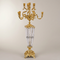 Baroque Brass & Crystal 7-Arm Candelabra with Engraved Crystal Column and Rococo Scroll Arms — Gold