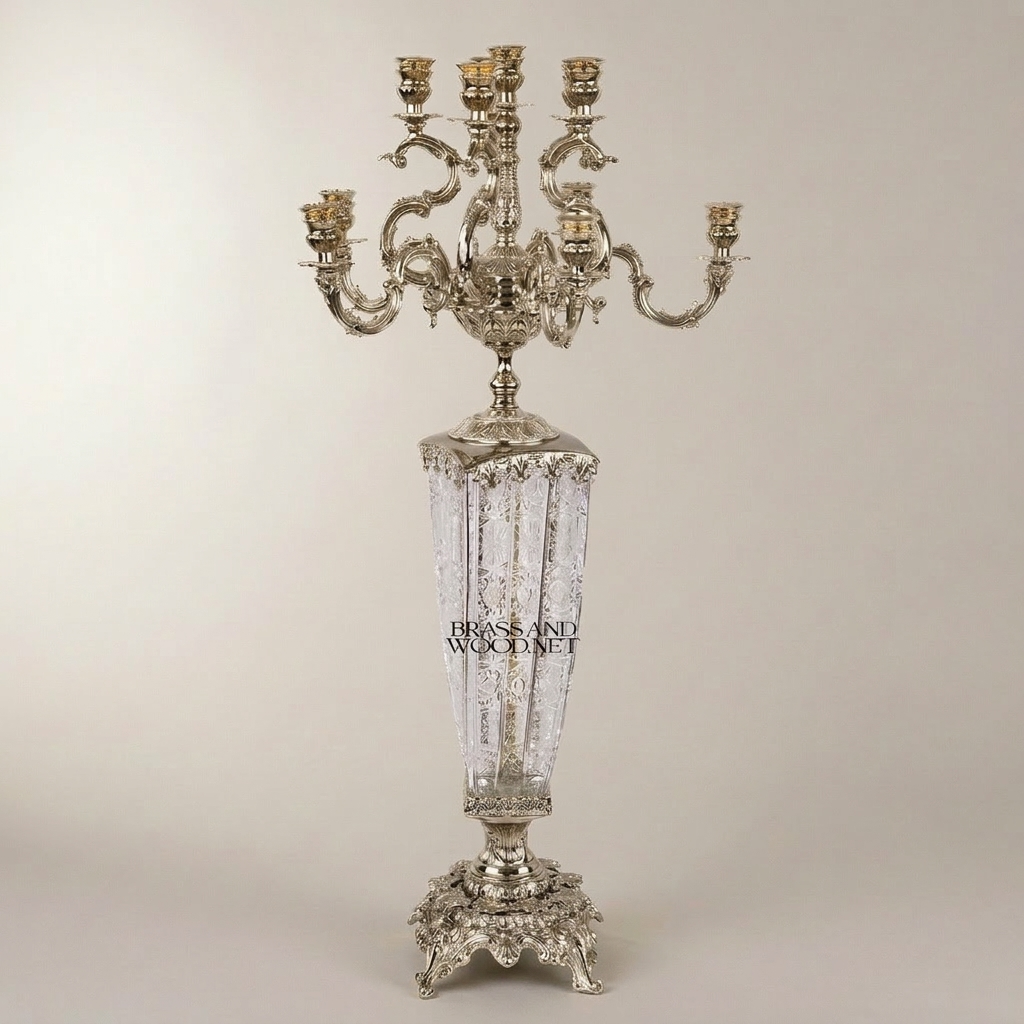 Baroque Brass & Crystal 7-Arm Candelabra with Engraved Crystal Column and Rococo Scroll Arms — Silver