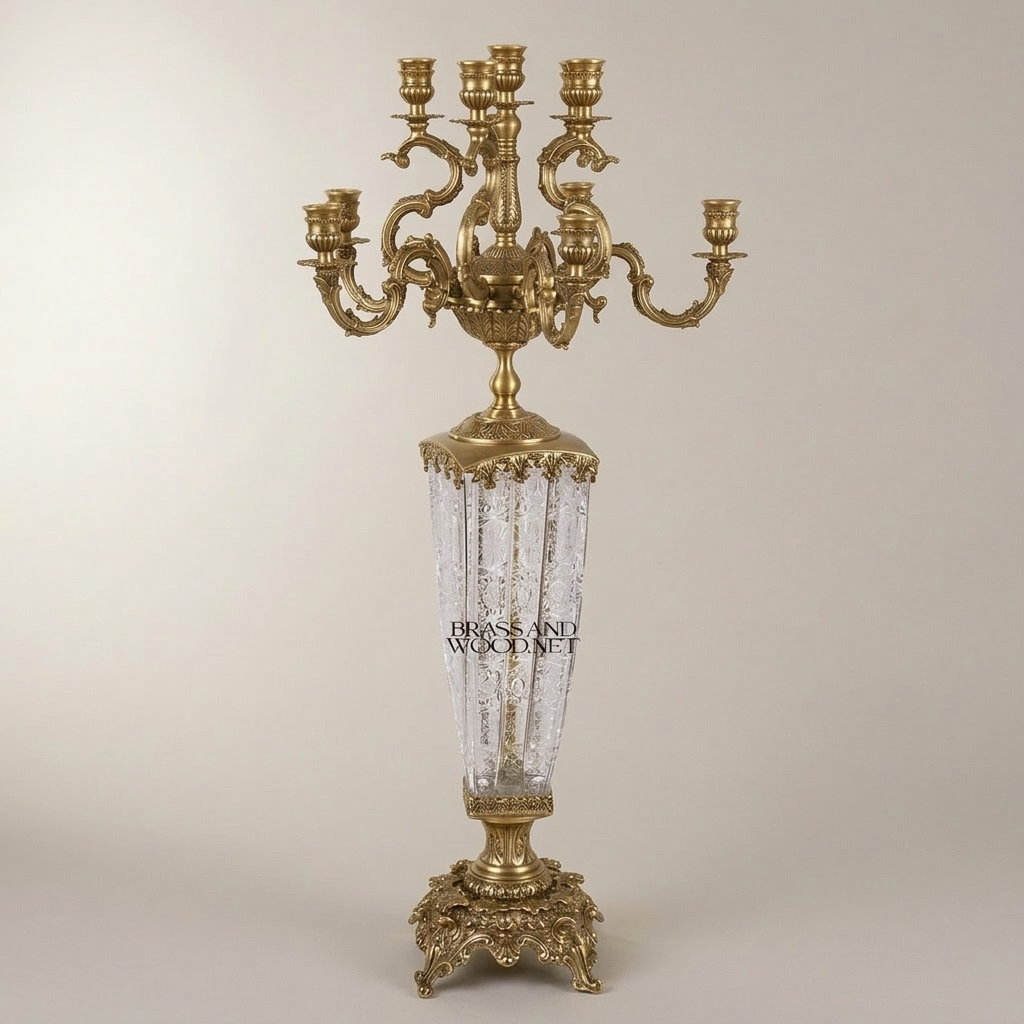 Baroque Brass & Crystal 7-Arm Candelabra with Engraved Crystal Column and Rococo Scroll Arms — Antique Gold